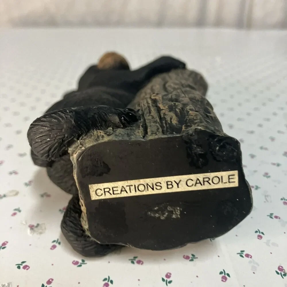 Creation By Carole Solid Resin Black Bear Clinging To A Tree Trunk 5.5”
